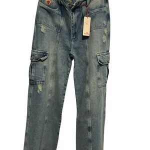 Cargo Distressed Wide-Leg Jeans - Blue